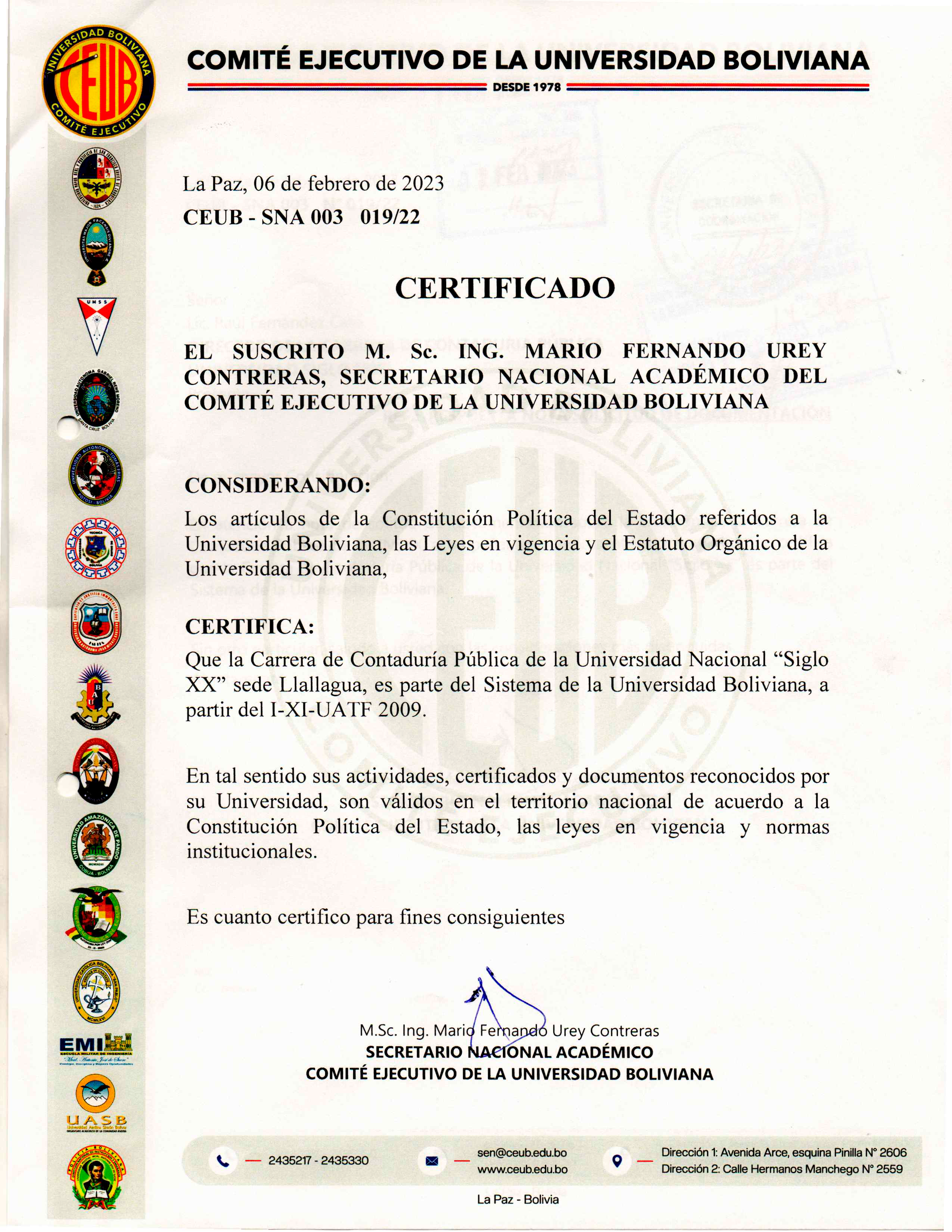 Certificación CEUB - Carrera de Contaduría Pública UNSXX